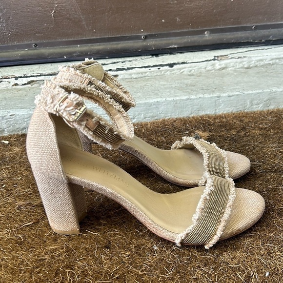 Stuart Weitzman Chain Gang Linen Nearly Nude Sandals Heels Fall Bohemian Sz 7.5 - Picture 1 of 12